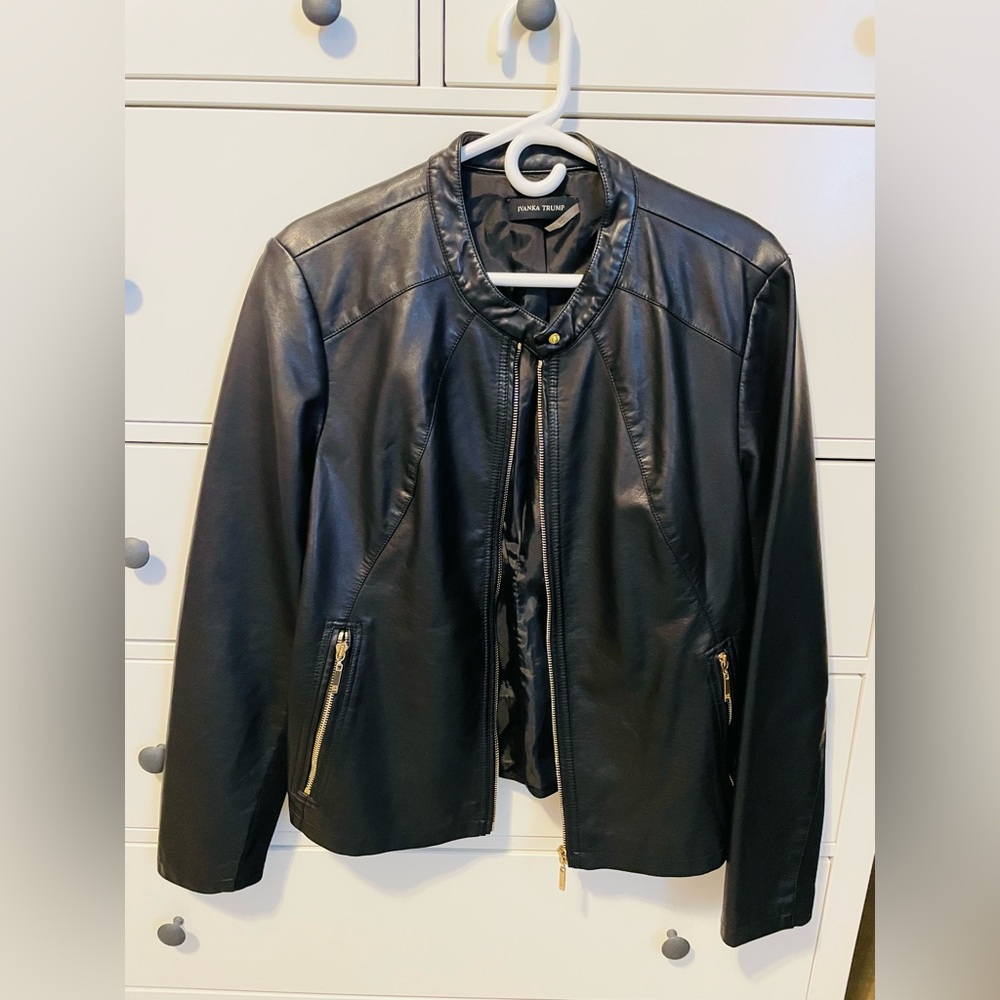 Ivanka Trump Black Faux Leather Jacket with Gold Zippers